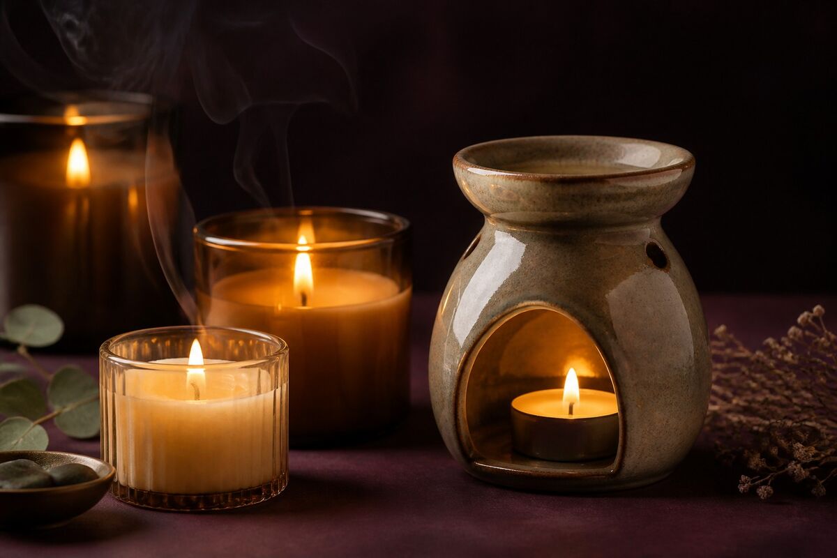 Lit candles and a ceramic aroma lamp on a dark surface