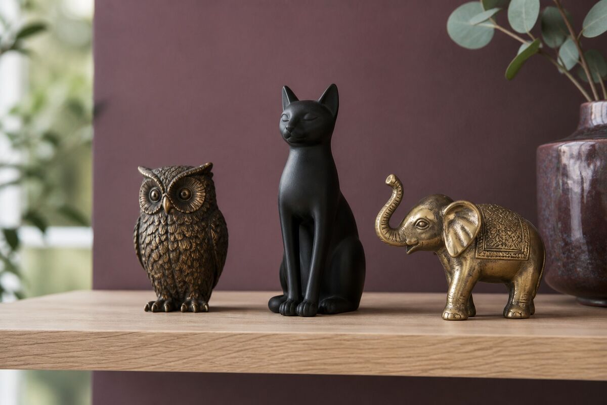 Bronze and stone figurines grouped on a shelf