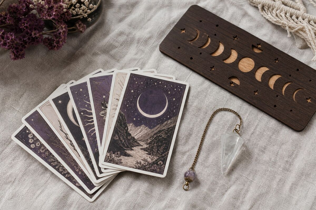 Tarot cards, a pendulum and a moon phase panel laid out on linen