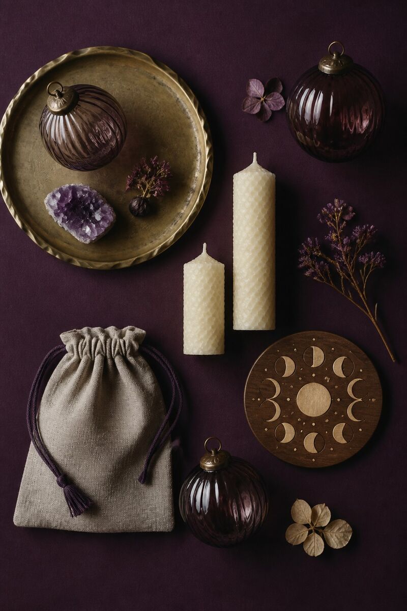 Candles, brass trays and glass baubles arranged on a plum background