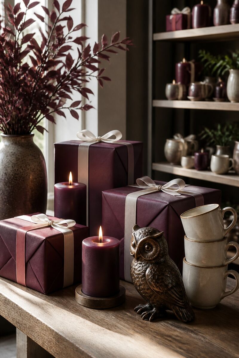 Wholesale giftware bench with wrapped parcels, candles and small figurines